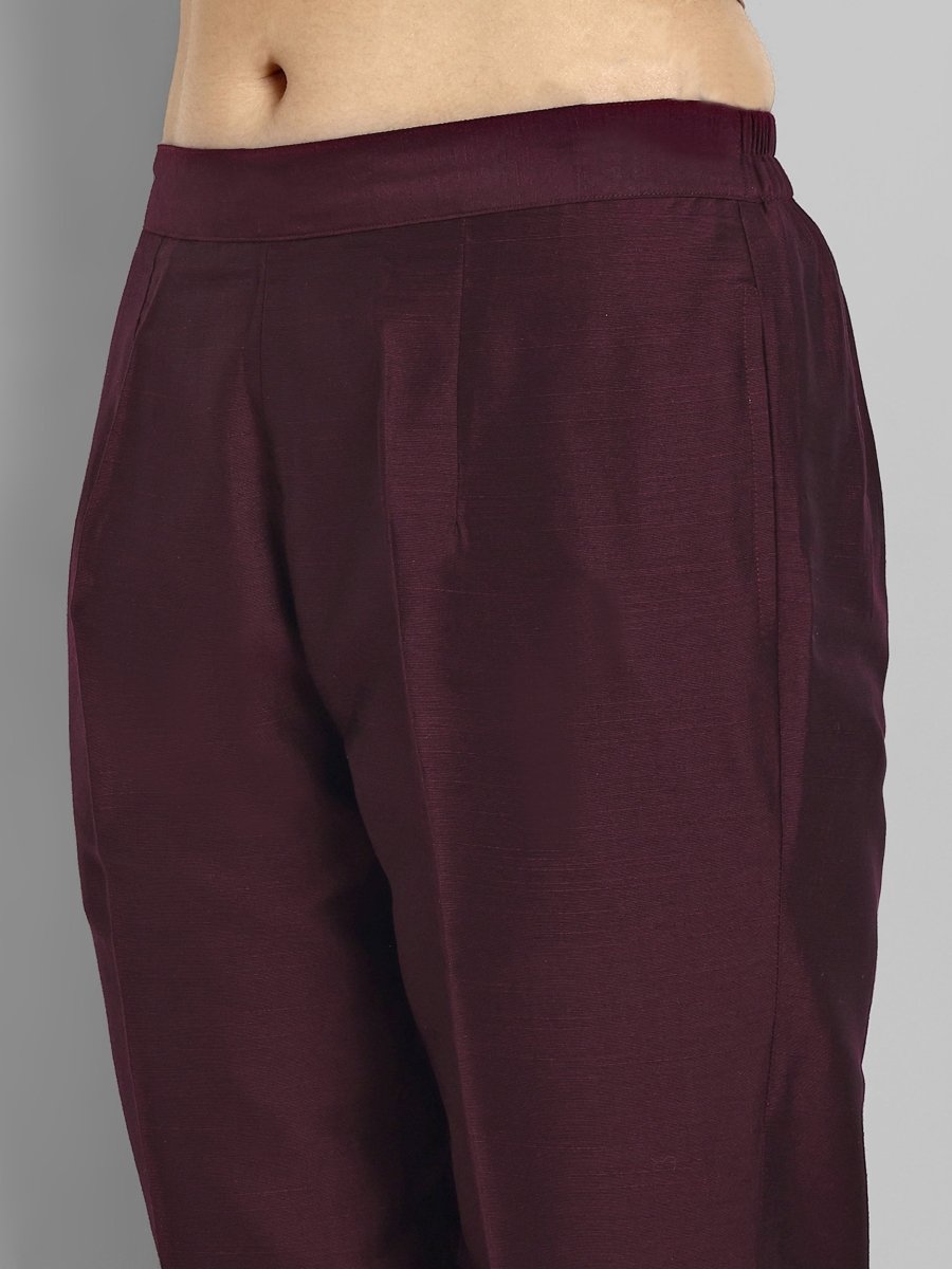 Burgundy Straight Cotton Silk Pant with Pockets