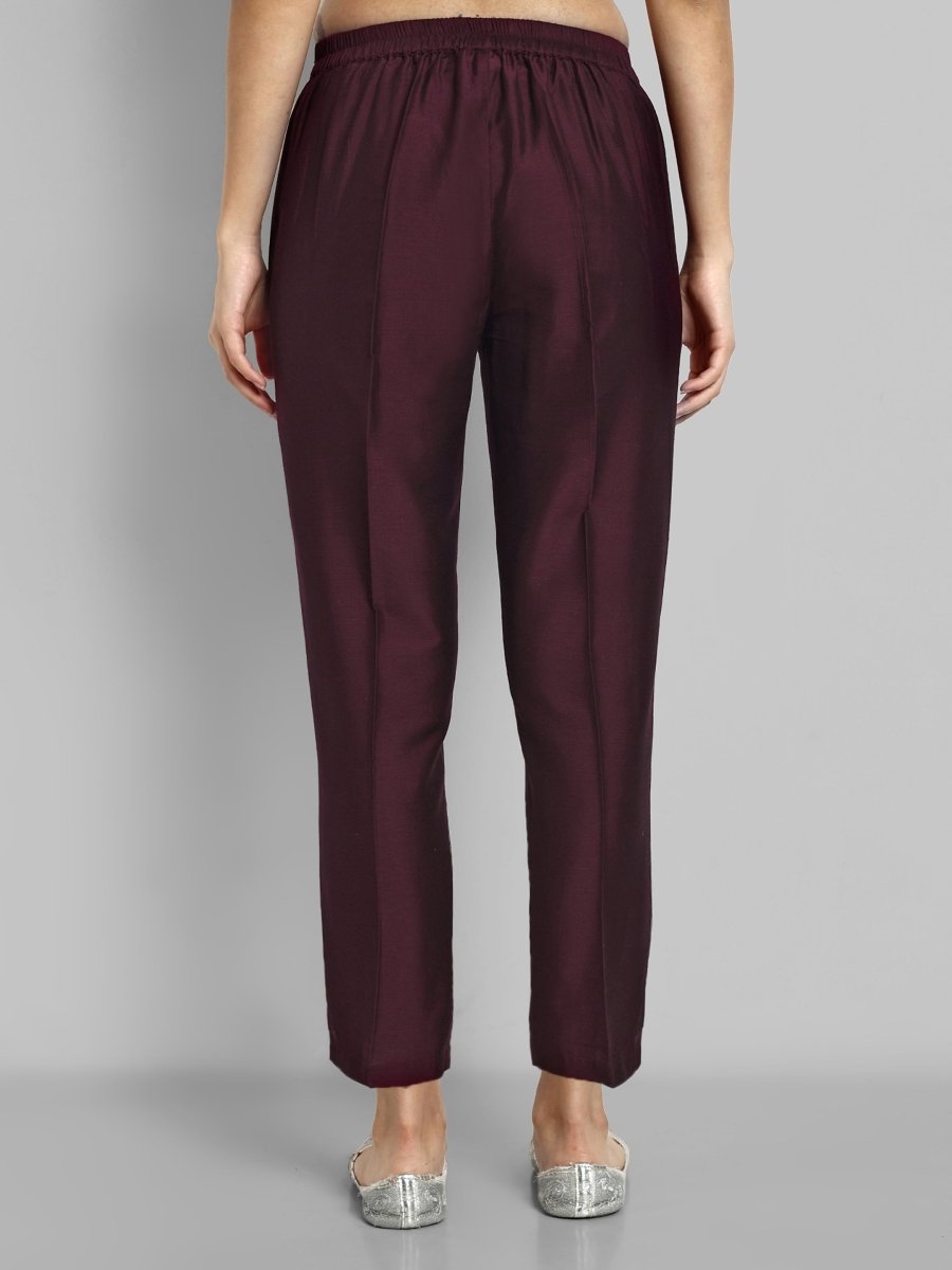 Burgundy Straight Cotton Silk Pant with Pockets