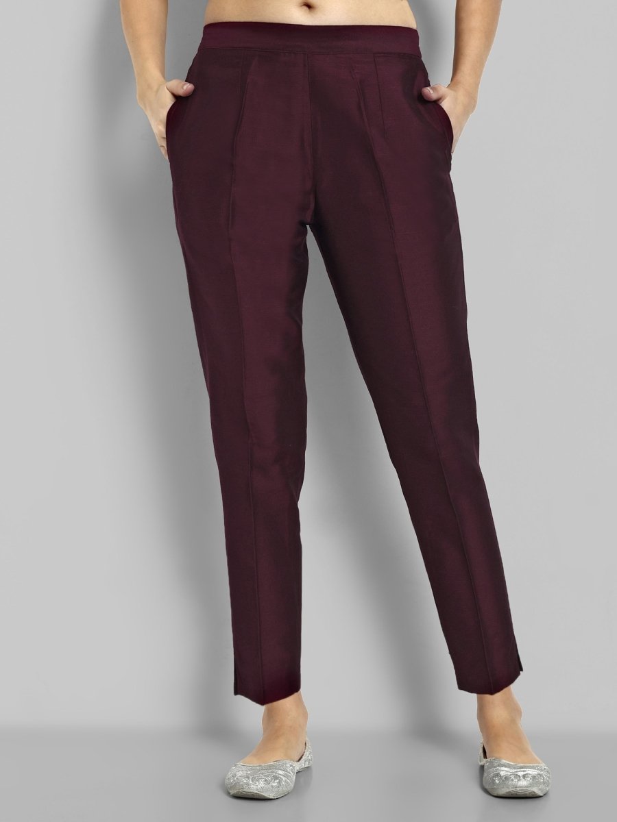 Burgundy Straight Cotton Silk Pant with Pockets