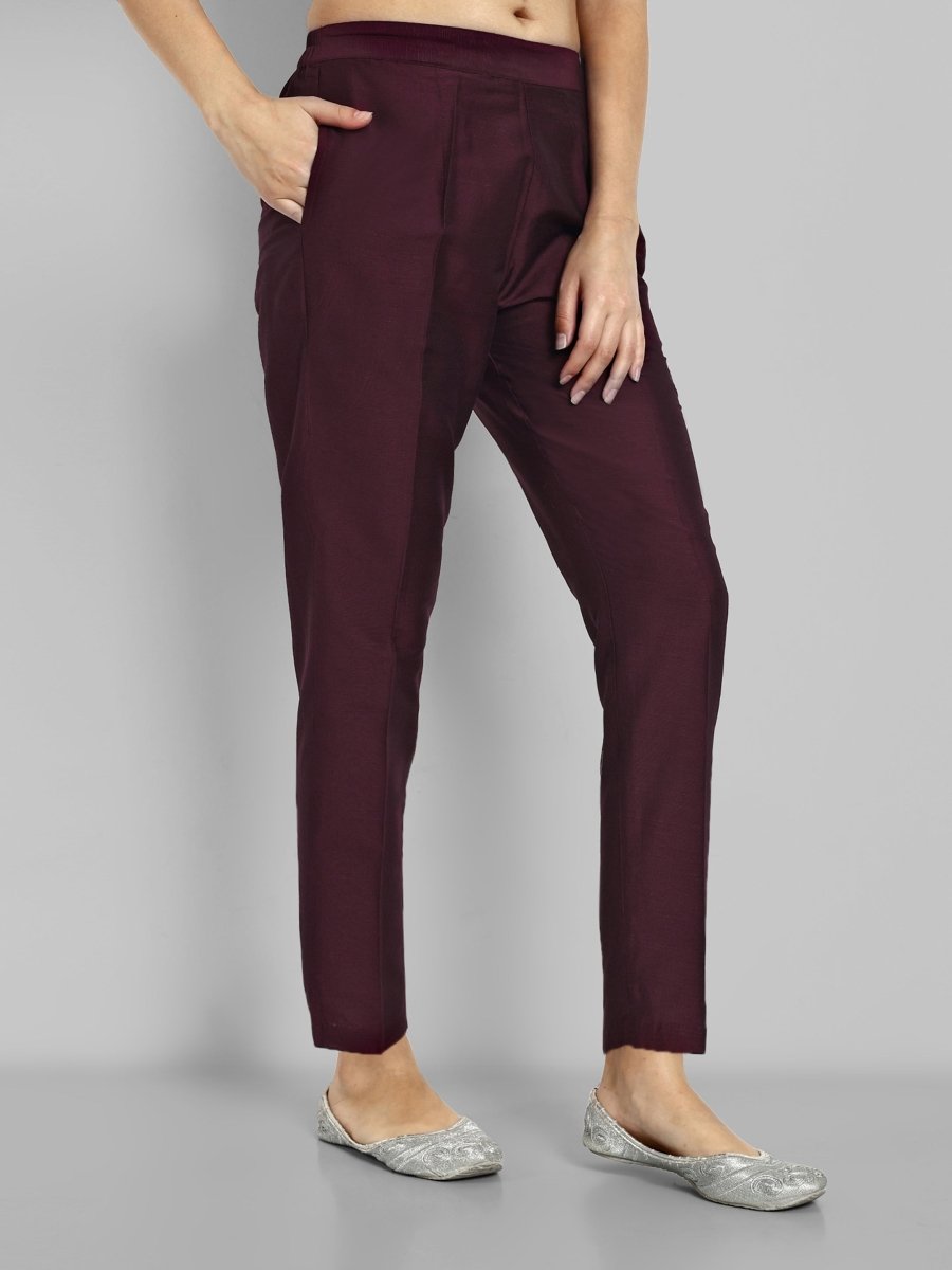 Burgundy Straight Cotton Silk Pant with Pockets