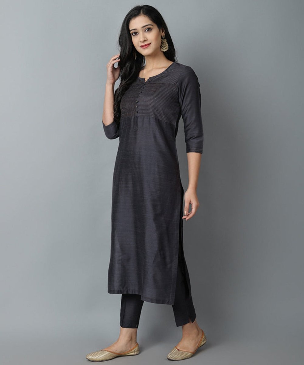 Charcoal Silk Sonapani Kurta Pants Set