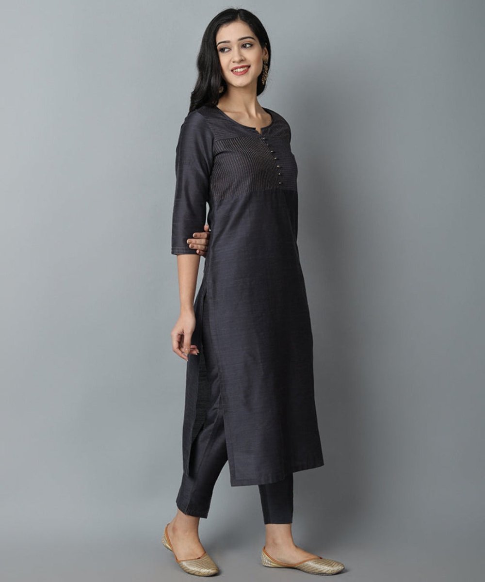 Charcoal Silk Sonapani Kurta Pants Set