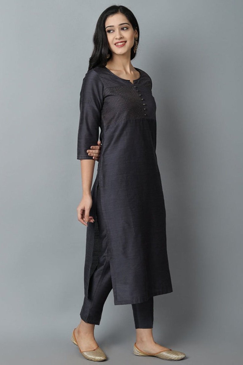 Charcoal Silk Sonapani Kurta Pants Set