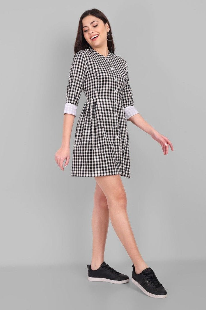 Checked Cotton Button Front Dress