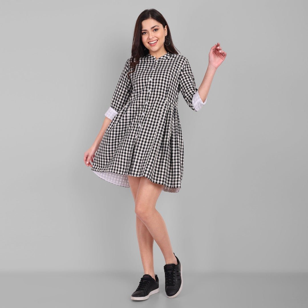 Checked Cotton Button Front Dress