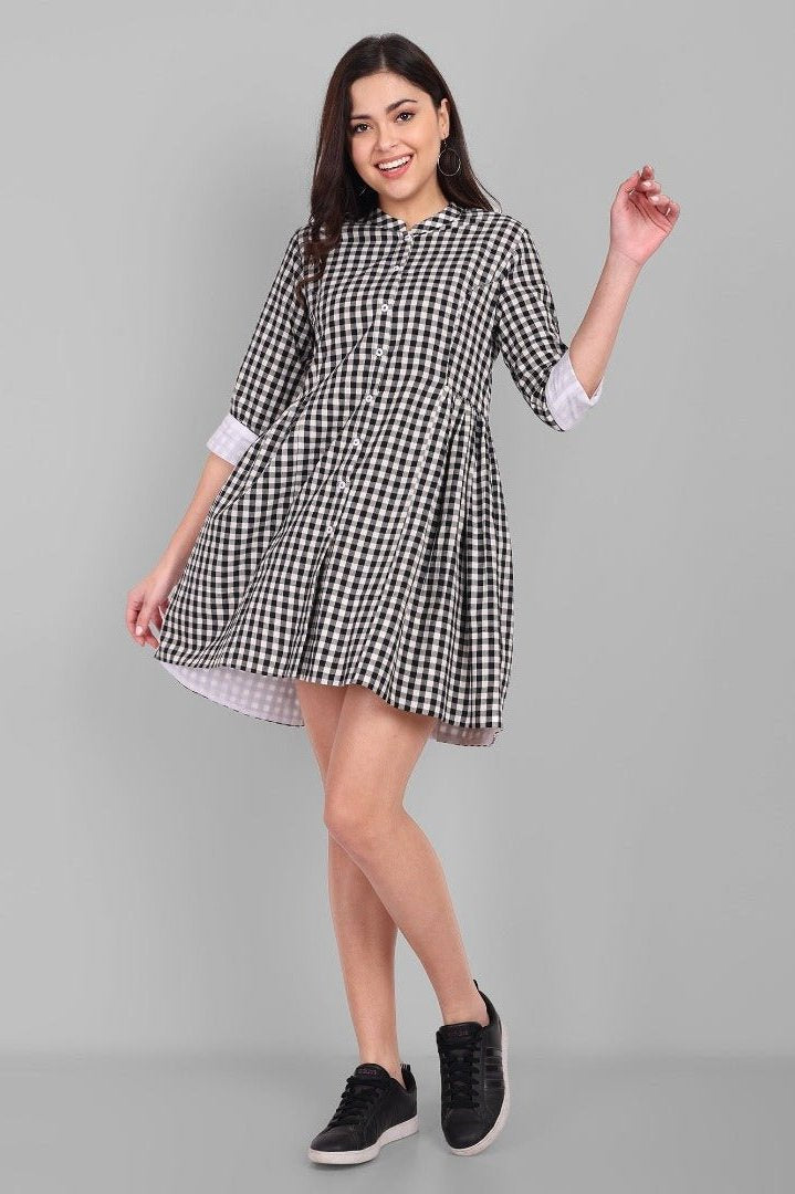 Checked Cotton Button Front Dress