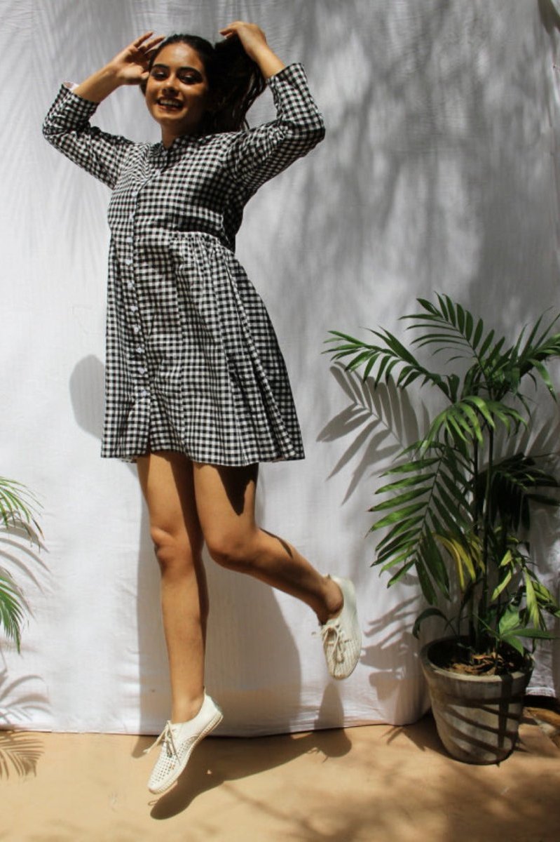 Checked Cotton Button Front Dress