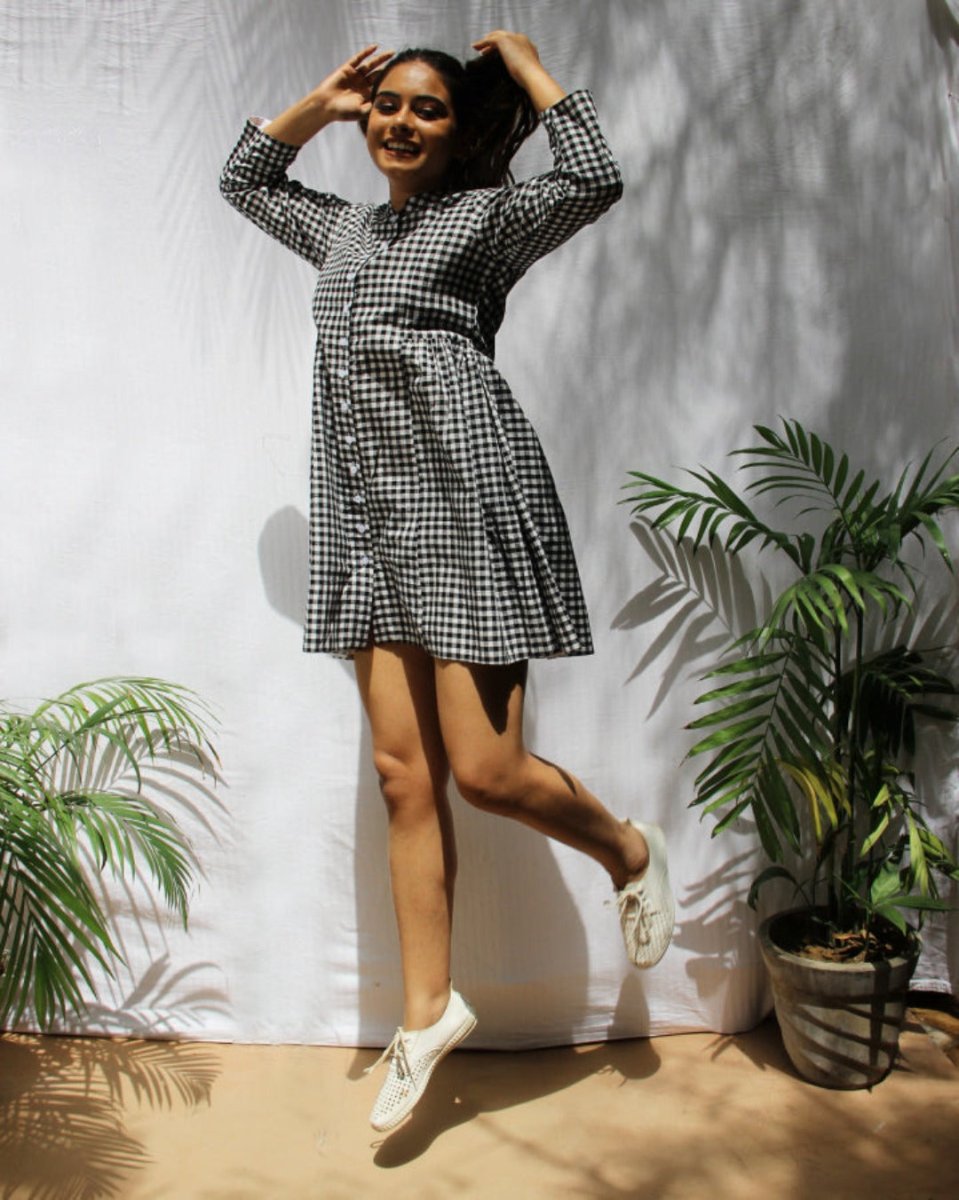 Checked Cotton Button Front Dress