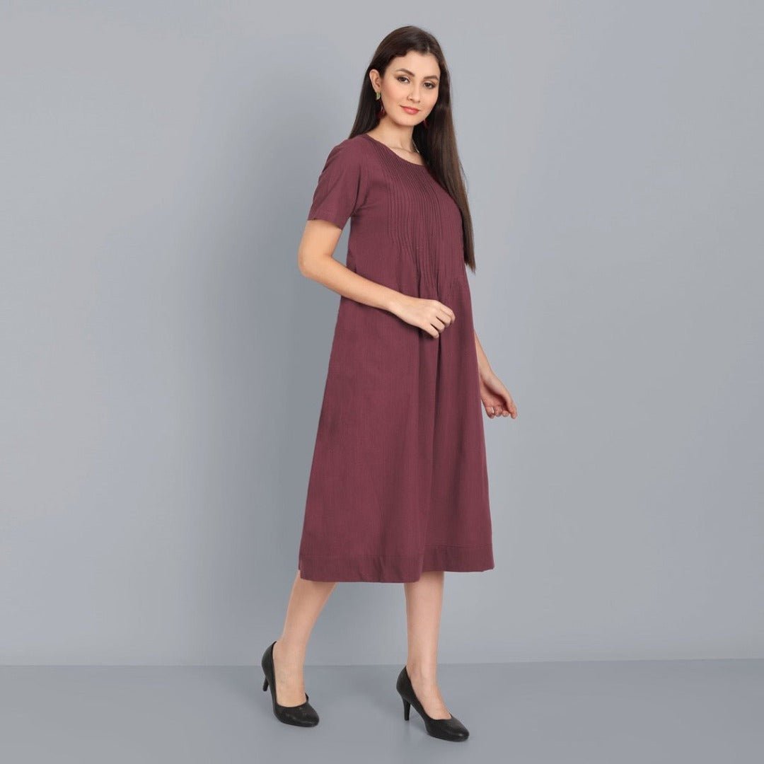 Chestnut Pin-Tuck cotton Linen Dress