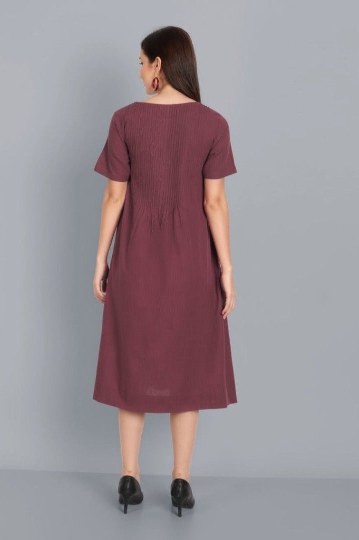 Chestnut Pin-Tuck cotton Linen Dress