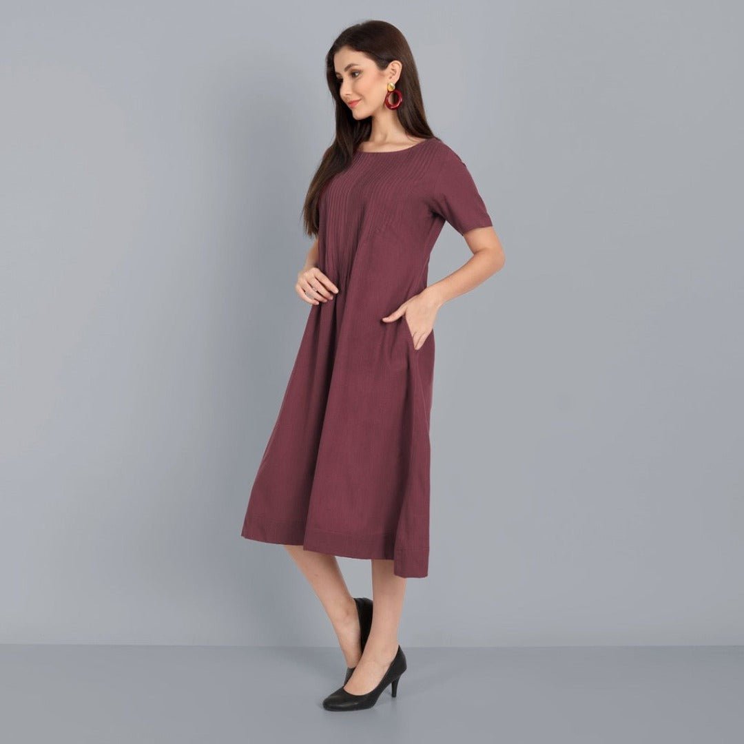 Chestnut Pin-Tuck cotton Linen Dress