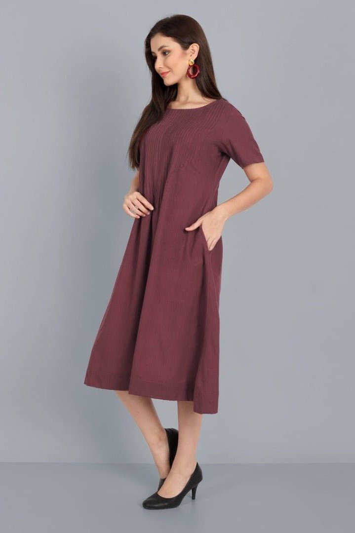 Chestnut Pin-Tuck cotton Linen Dress