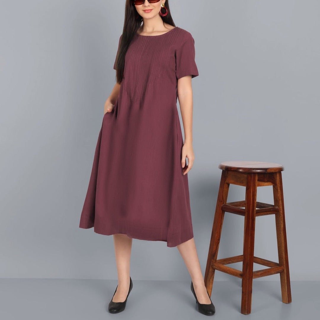 Chestnut Pin-Tuck cotton Linen Dress