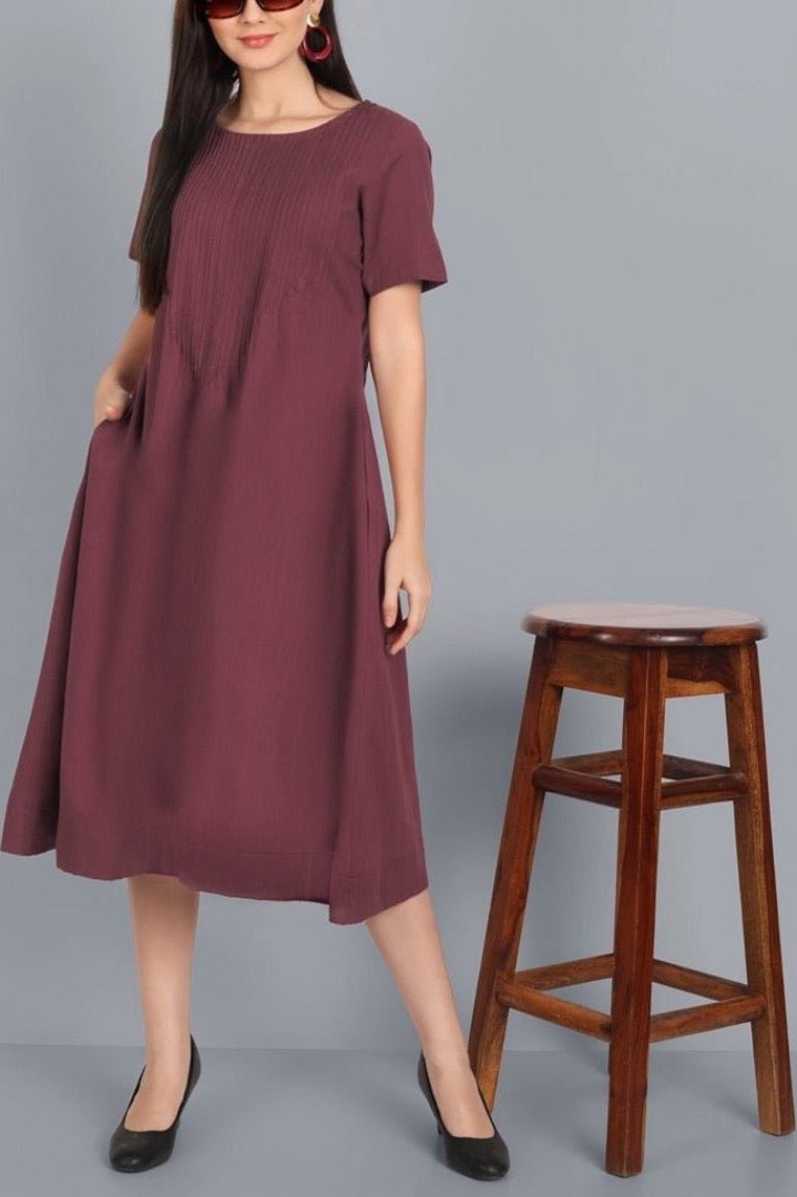 Chestnut Pin-Tuck cotton Linen Dress