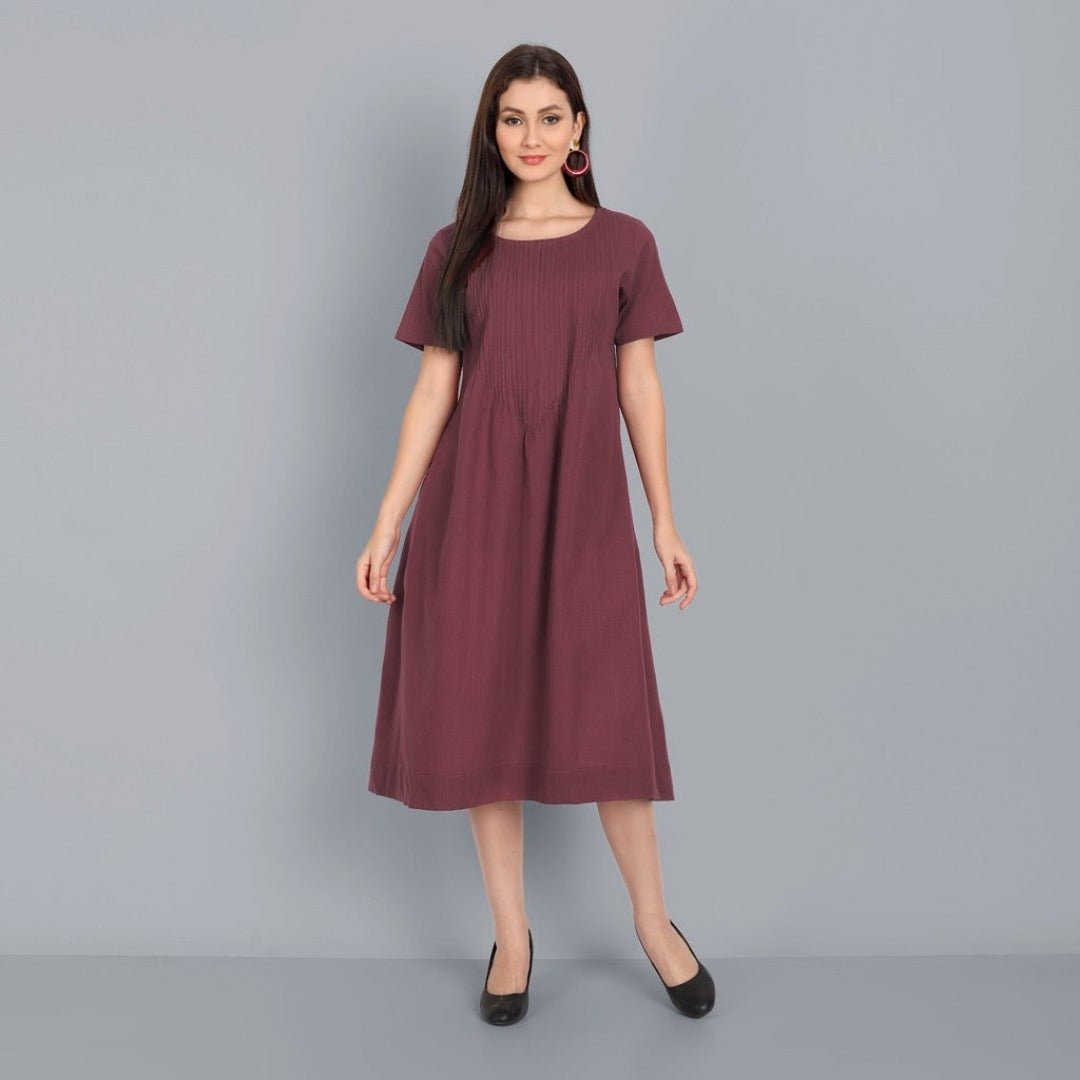 Chestnut Pin-Tuck cotton Linen Dress