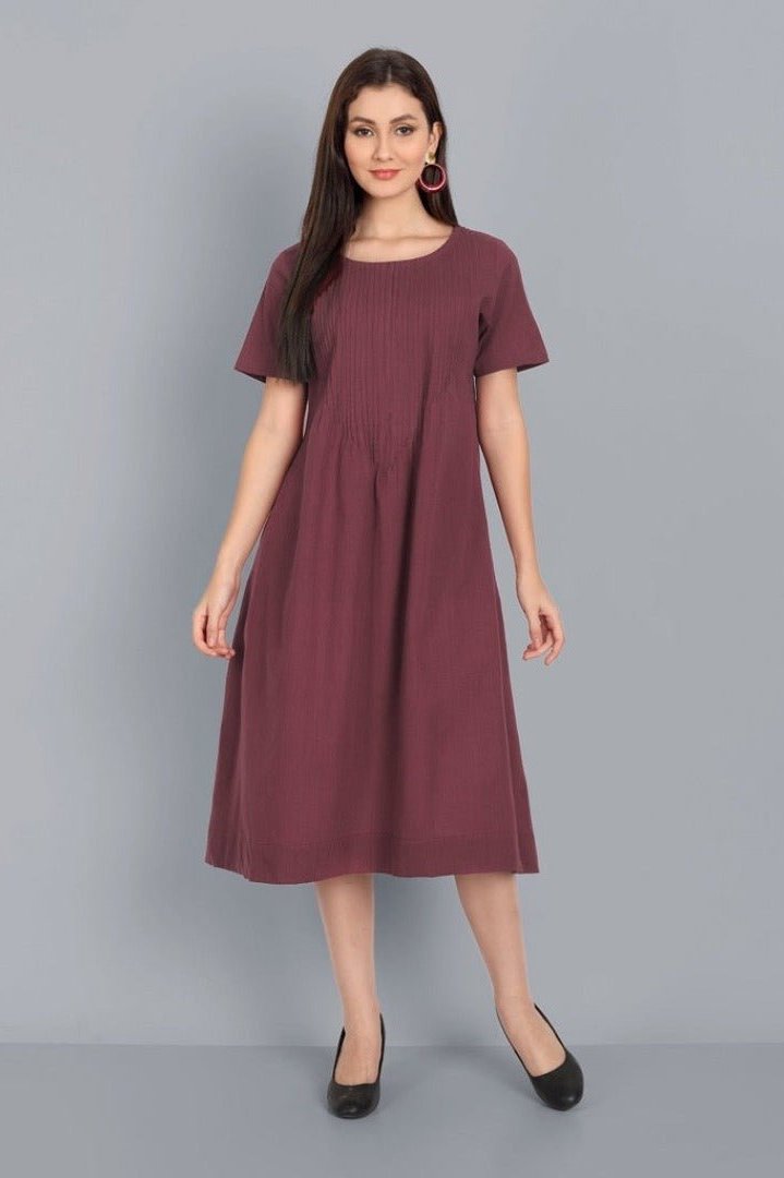 Chestnut Pin-Tuck cotton Linen Dress