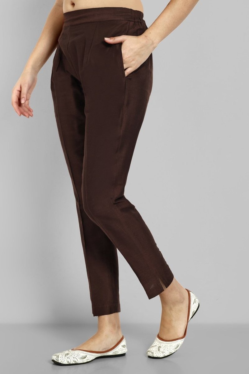 Choclate Brown Straight Cotton Silk Pant with Pockets