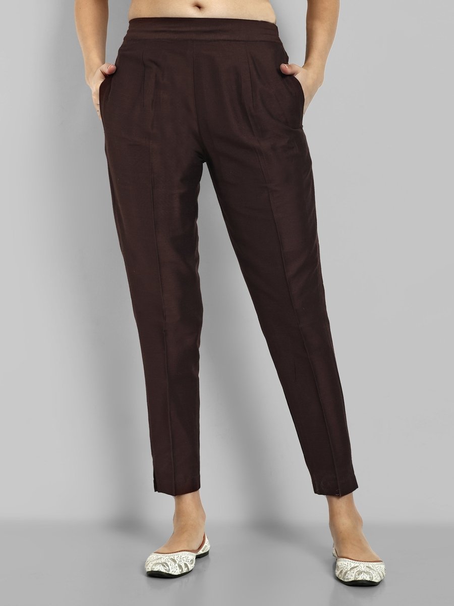 Choclate Brown Straight Cotton Silk Pant with Pockets