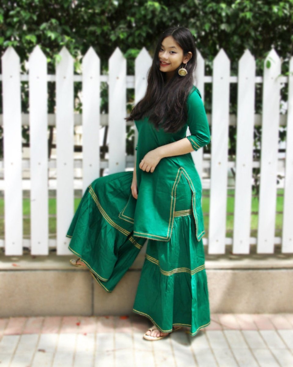 Emerald Green Maharani Kurti Gharara Set