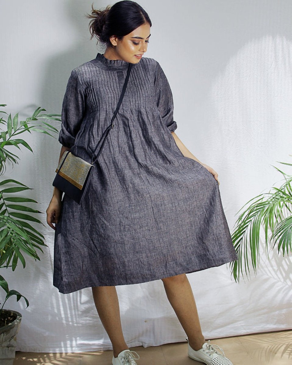 Gray Pin-Tuck Linen Dress Online