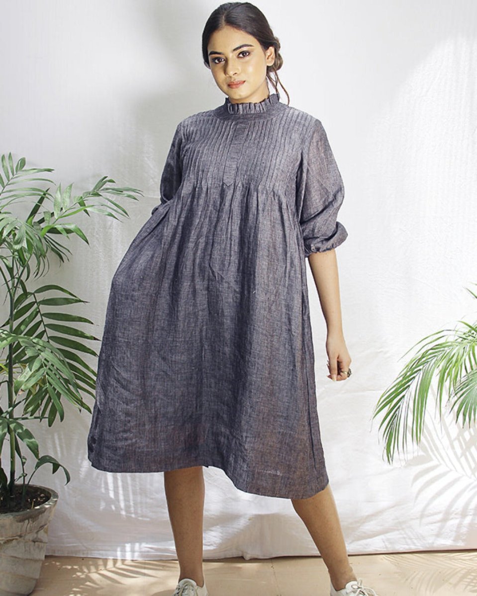 Gray Pin-Tuck Linen Dress