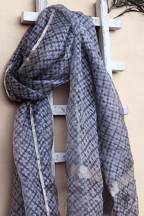 Slate Gray Gray Pure Gossamer Silk Printed Dupatta