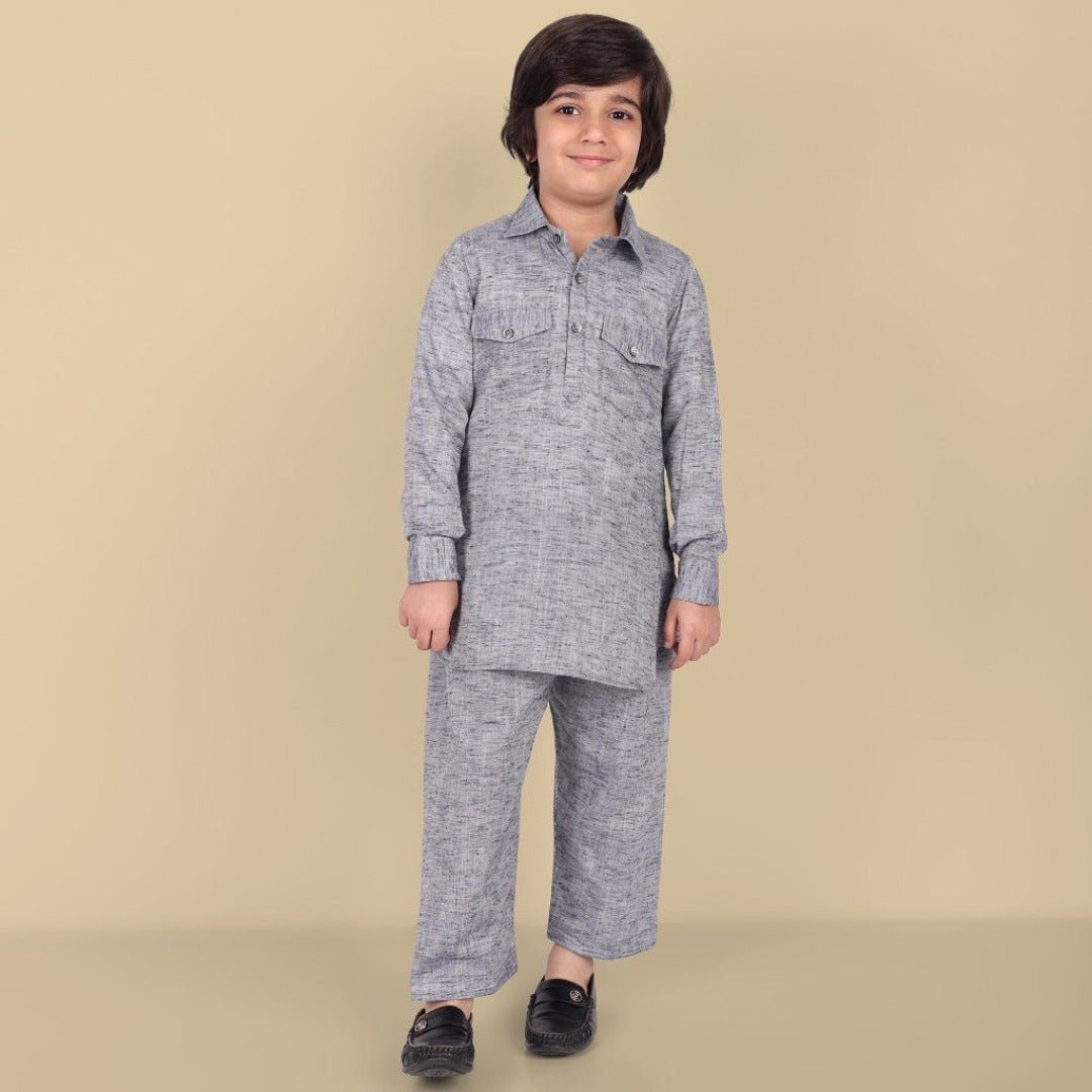 Tan Gray Textured Soft Cotton Pathani Kurta and Shalwar