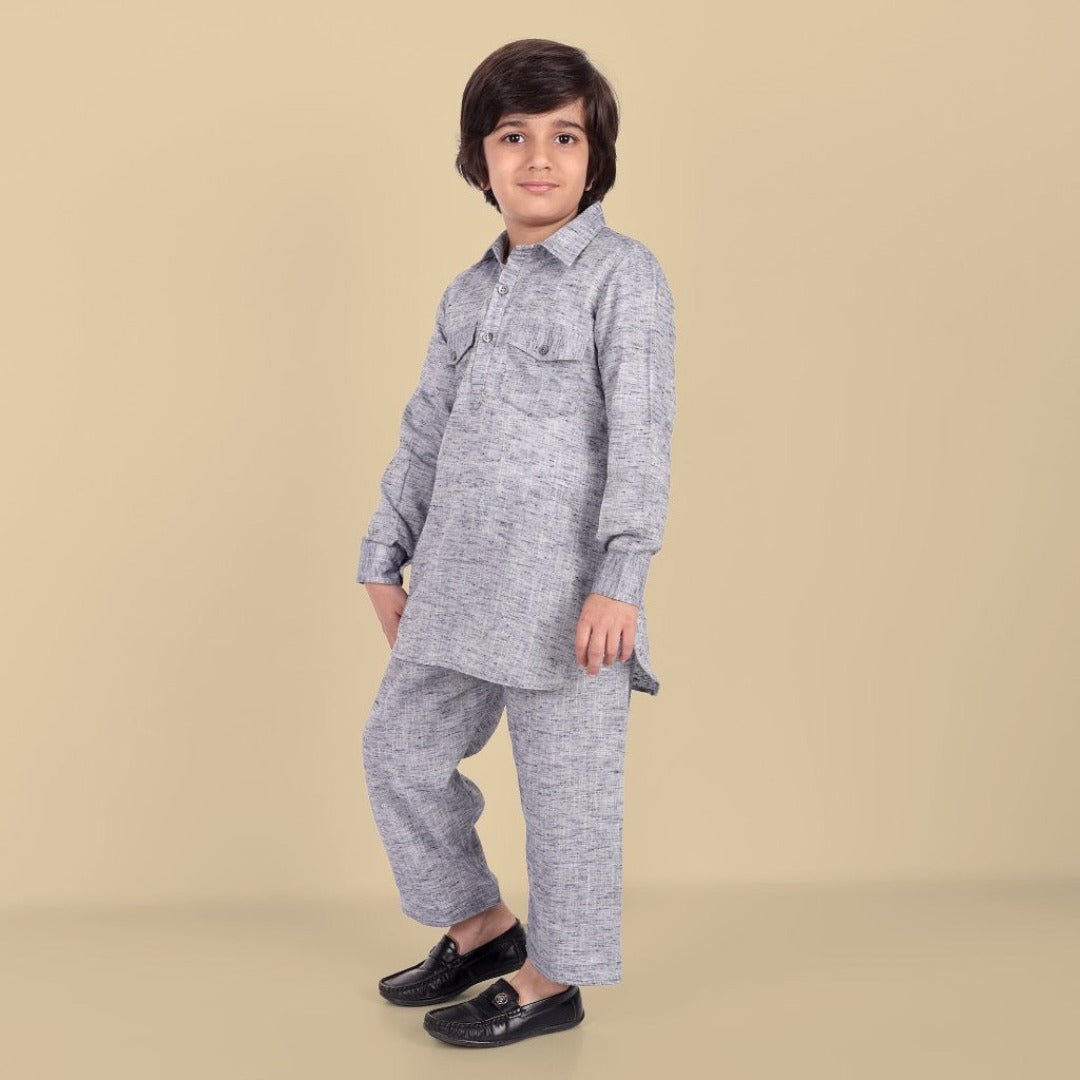 Tan Gray Textured Soft Cotton Pathani Kurta and Shalwar