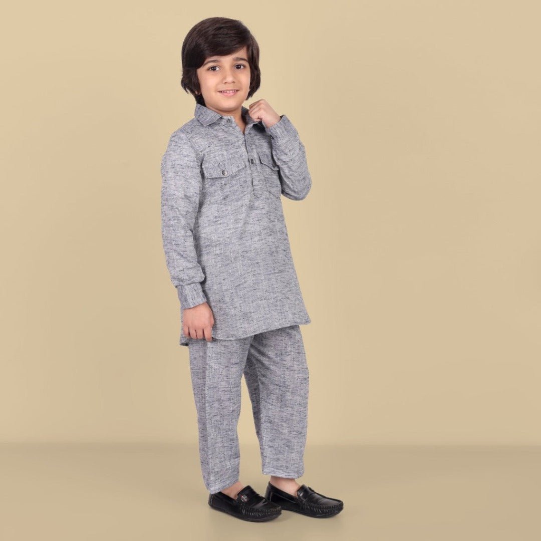 Tan Gray Textured Soft Cotton Pathani Kurta and Shalwar