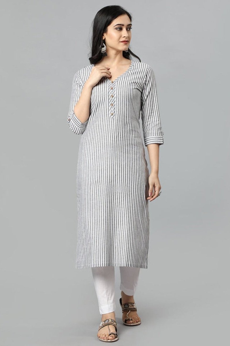 Light Gray Gray V Neck Candy Cane Kurta