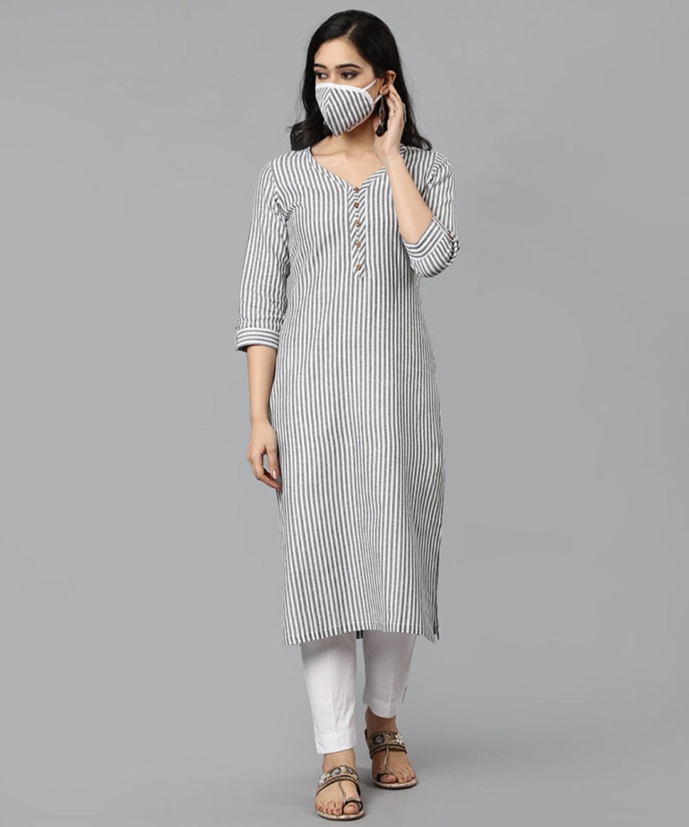 Dark Gray Gray V Neck Candy Cane Kurta