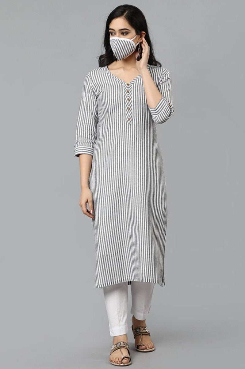 Dark Gray Gray V Neck Candy Cane Kurta