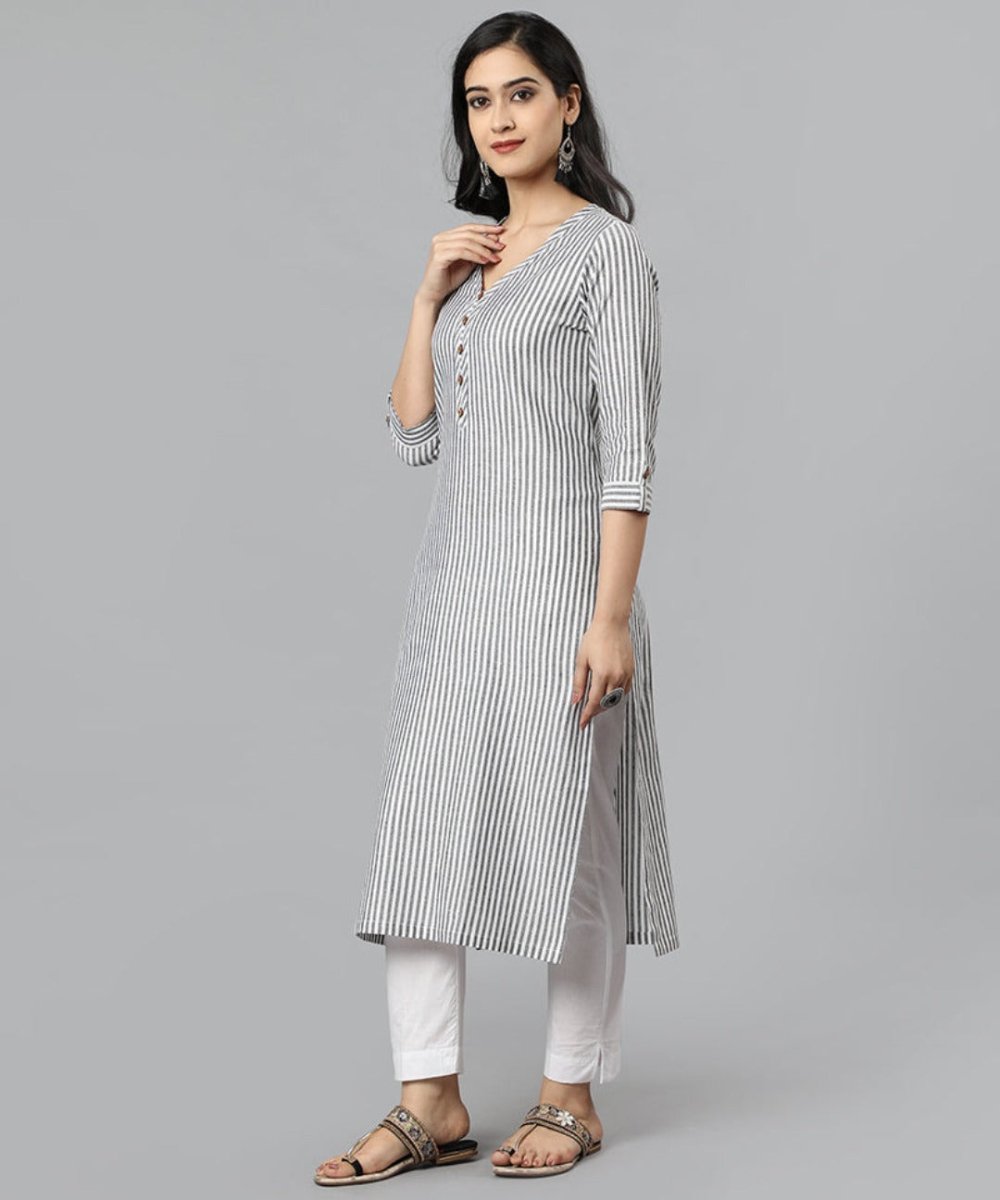 Light Gray Gray V Neck Candy Cane Kurta