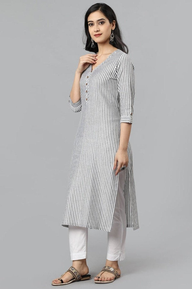 Light Gray Gray V Neck Candy Cane Kurta