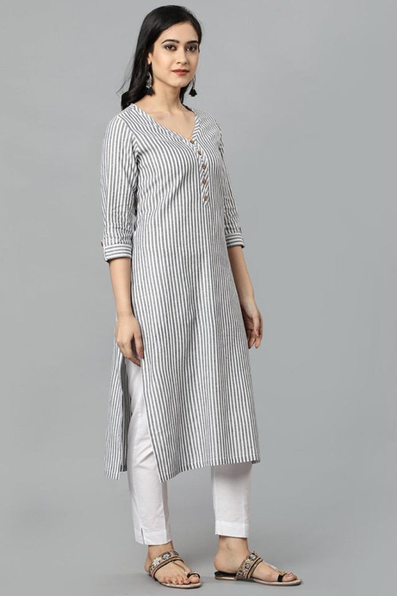 Gray Gray V Neck Candy Cane Kurta