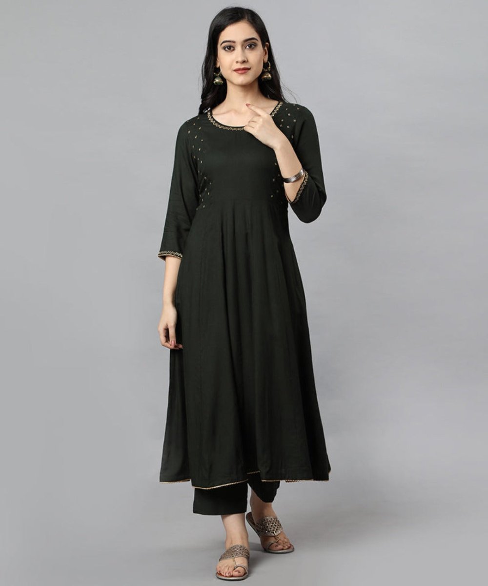 Black Green Anarika Rayon Kurta Dress