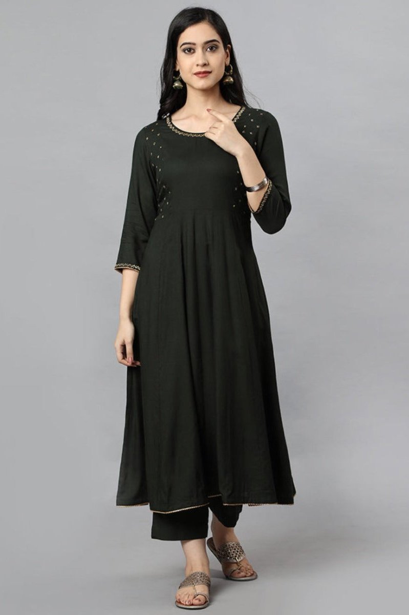 Black Green Anarika Rayon Kurta Dress