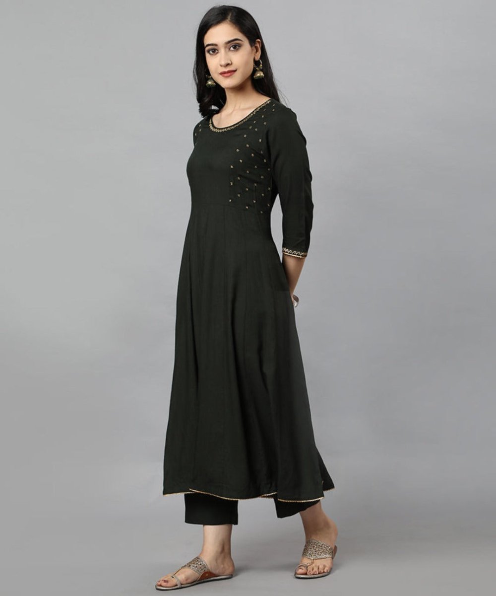 Dark Gray Green Anarika Rayon Kurta Dress