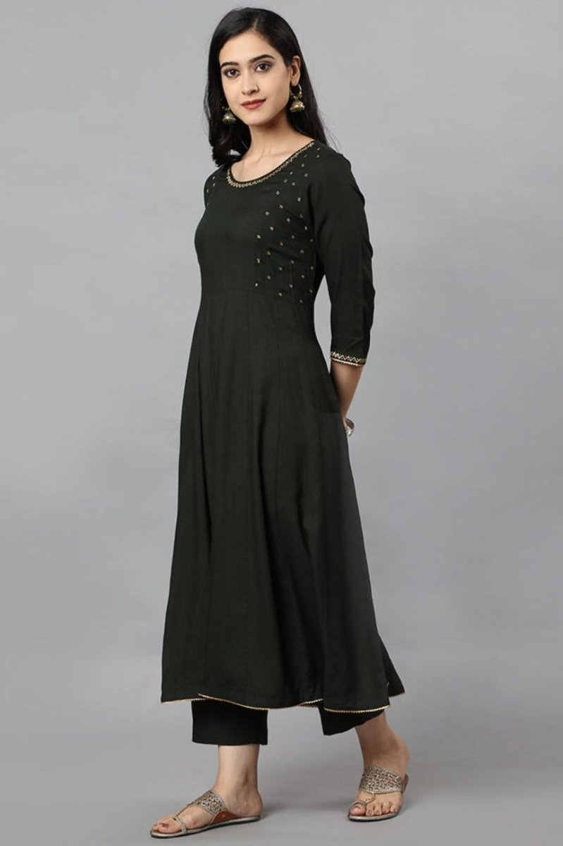 Dark Gray Green Anarika Rayon Kurta Dress