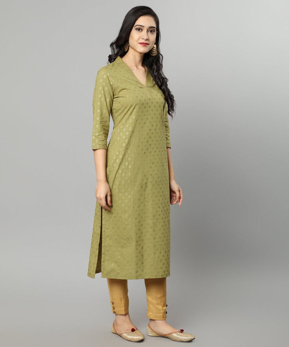 Dark Khaki Green Buti Cotton Long Kurta