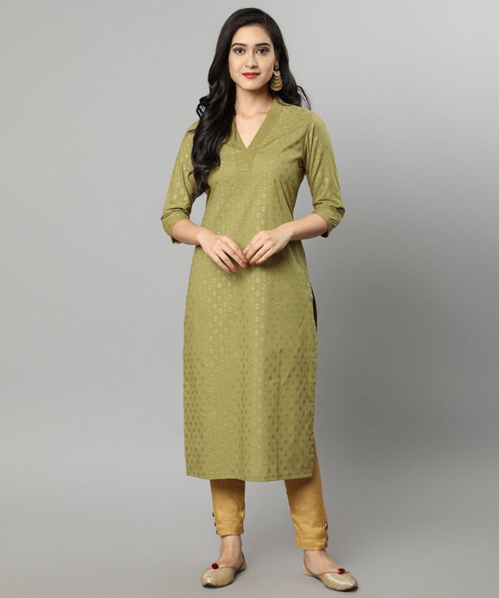 Dark Khaki Green Buti Cotton Long Kurta