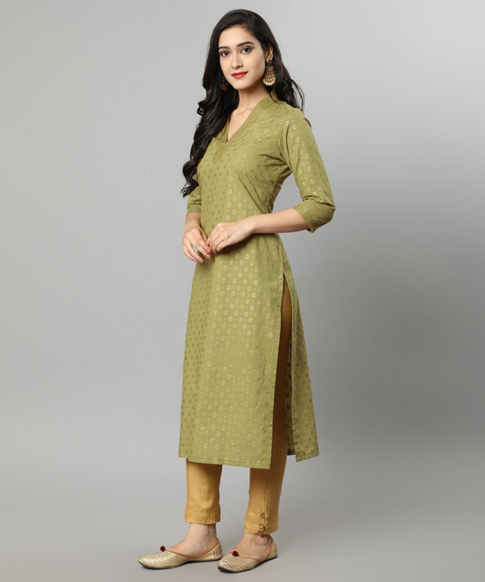 Dark Khaki Green Buti Cotton Long Kurta