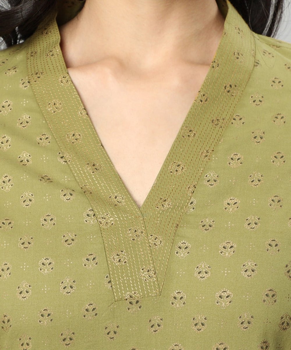 Dark Khaki Green Buti Cotton Long Kurta