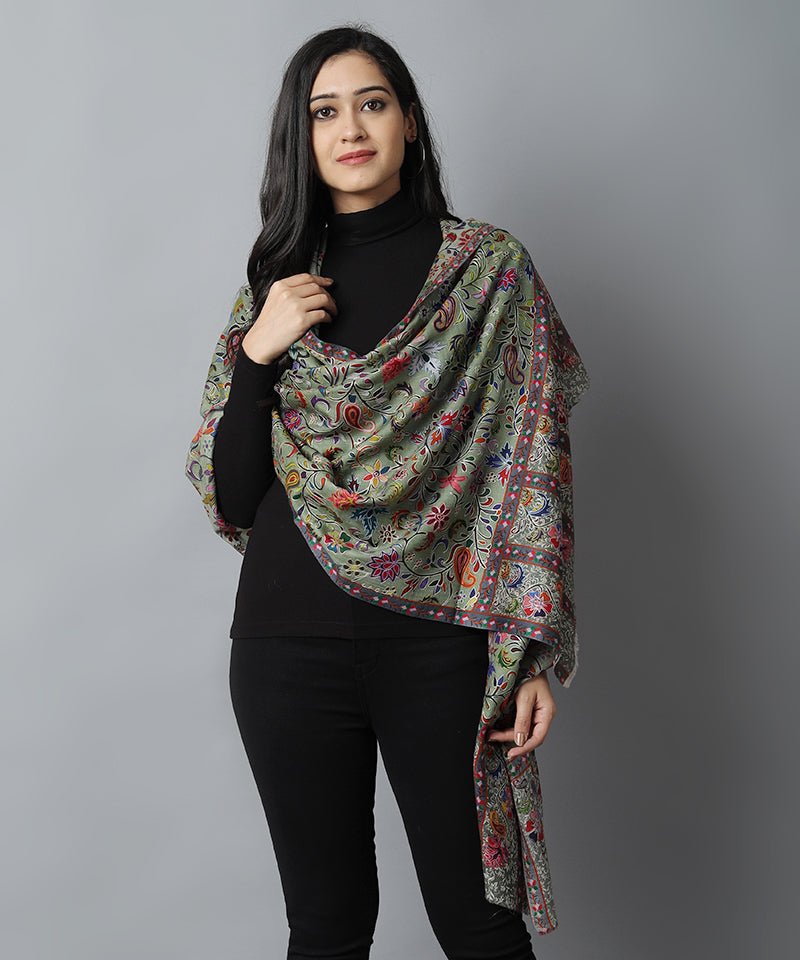 Dark Gray Green Kalamkari Pashmina-Cashmere Stole