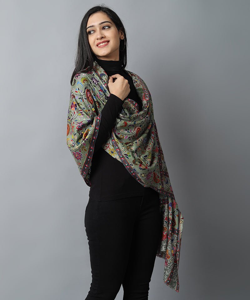 Dark Gray Green Kalamkari Pashmina-Cashmere Stole