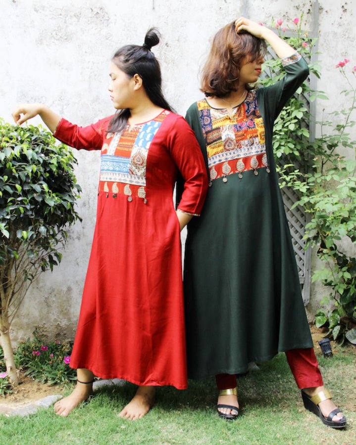 Firebrick Green Laila Patchwork Kurta