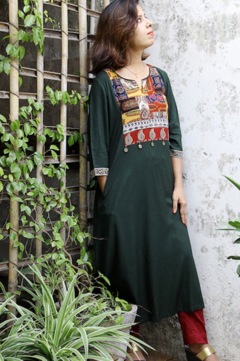 Dim Gray Green Laila Patchwork Kurta