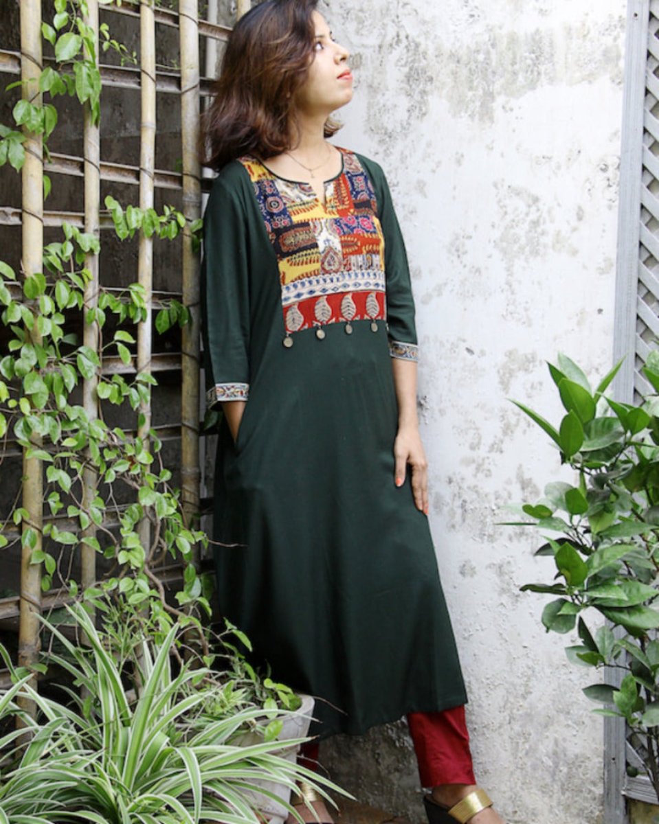 Dim Gray Green Laila Patchwork Kurta