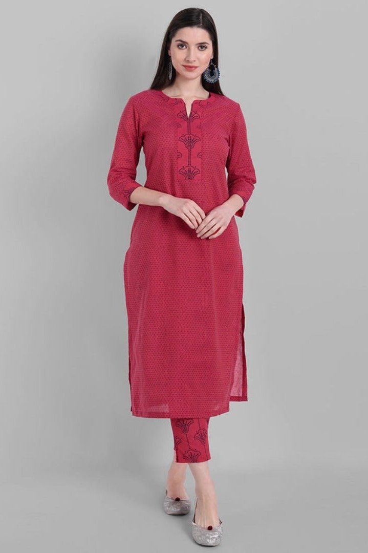 Gray Hot Pink Rangoli Cotton Kurta Pants Set