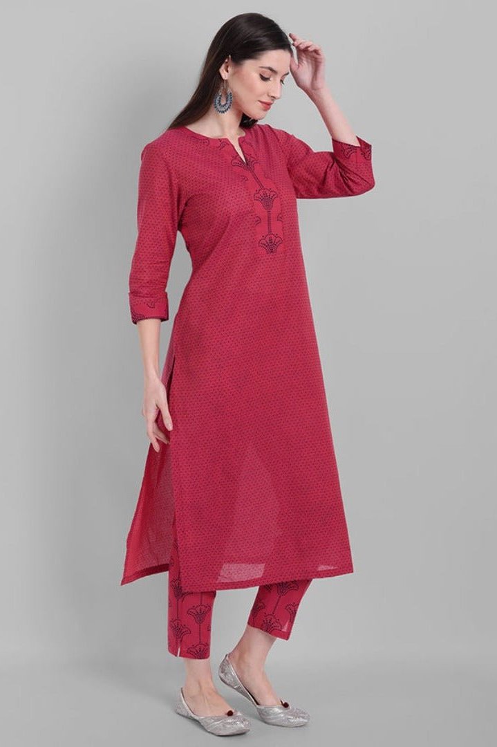 Gray Hot Pink Rangoli Cotton Kurta Pants Set